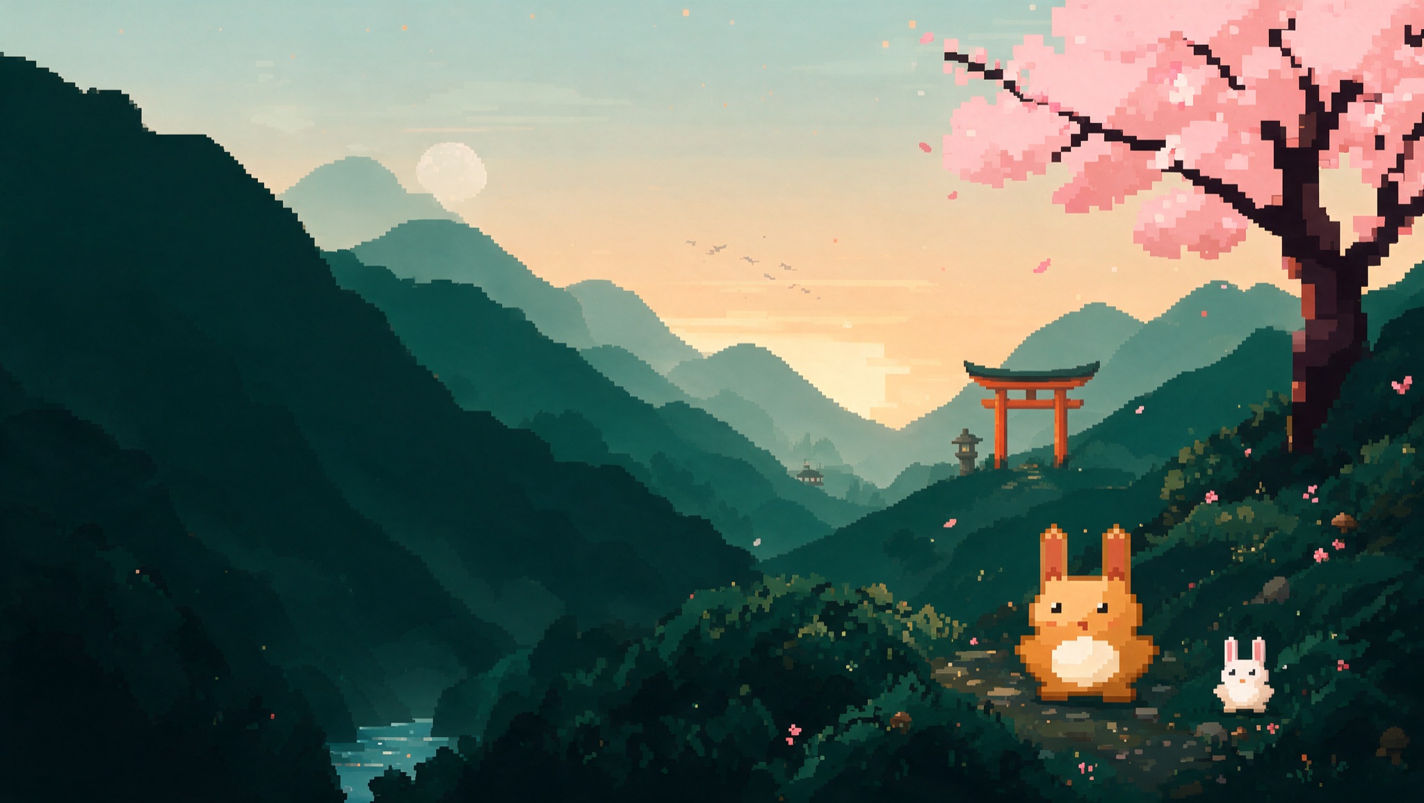 Pixel-art valley at dusk with cherry blossoms, a torii gate, and the Melio bunny — Melio web design studio